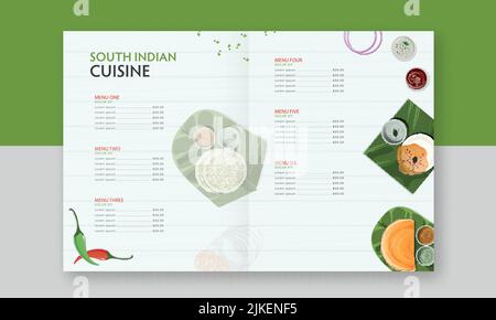 South Indian Cuisine Bi-Fold Brochure Menu Card With Top View Of Delicious Dishes For Publishing. Stock Vector