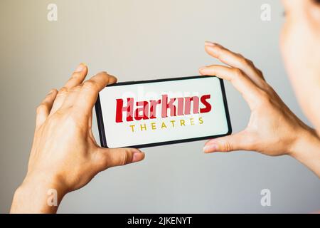 Brazil. 01st Aug, 2022. In this photo illustration, the Harkins Theatres logo is displayed on a smartphone screen. Credit: SOPA Images Limited/Alamy Live News Stock Photo