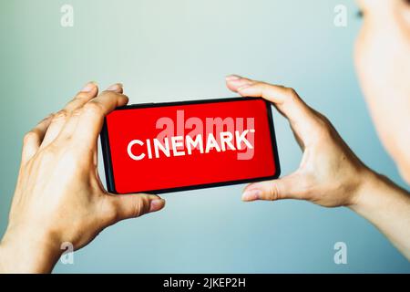 Brazil. 01st Aug, 2022. In this photo illustration, the Cinemark logo is displayed on a smartphone screen. (Photo by Rafael Henrique/SOPA Images/Sipa USA) Credit: Sipa USA/Alamy Live News Stock Photo