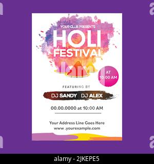 Holi Festival Flyer Or Invitation Card With Powder (Gulal) In Plates And Colorful Watercolor Effect. Stock Vector