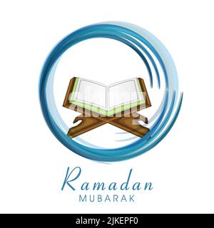 Ramadan Mubarak Font With Open Holy Quran Book At Rehal And Circular Blue Brush Effect On White Background. Stock Vector