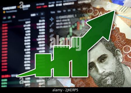 Economy graph: rising arrow, Colombian pesos in cash and stock market indicators (inflation, success, finances) Stock Photo