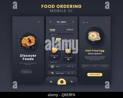 Food Ordering Mobile App UI Including Login, Discover Dish, Description Screen Template On Black Background. Stock Vector