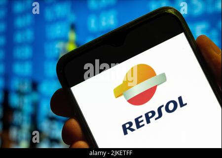 China. 25th July, 2022. In this photo illustration, the Spanish fossil fuel energy and petrochemical company Repsol logo is displayed on a smartphone screen. (Photo by Budrul Chukrut/SOPA Images/Sipa USA) Credit: Sipa USA/Alamy Live News Stock Photo