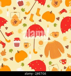 Cozy autumn seamless pattern. Sweater and socks, jar of jam, cup and teapot, hot tea, candle, an umbrella and pumpkin on light beige background with a Stock Vector