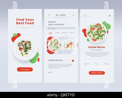 Food Ordering Mobile App UI As Login, Choice Dishes And Description Template Layout Against Gray Background. Stock Vector