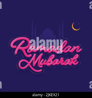 Pink Blend Effect Ramadan Mubarak Font With Golden Crescent Moon, A Star On Purple Silhouette Mosque Background. Stock Vector