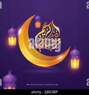Golden Arabic Calligraphy Of Ramadan Kareem With Crescent Moon, Illuminates Lanterns Hang On Purple Background. Stock Vector