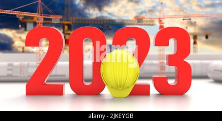 New year 2023 red number on Architect engineer construction site office. 3d render Stock Photo