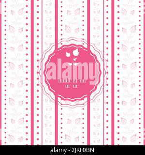 Vector modern pink vertical stripes and dots with line art floral frame seamless pattern background Stock Vector
