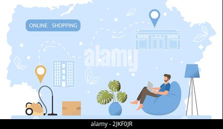 Vector illustration  Man uses a website on laptop to order household appliances. Online shopping. Ordering items and products on the Internet. Fast de Stock Vector