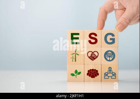 ESG icon for Environment Social and Governance, World sustainable environment concept. Using technology of renewable resource to reduce pollution. ESG Stock Photo