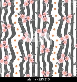 Grey pink floral bunches stripes seamless vector repeat pattern background with hand drawn elements Stock Vector