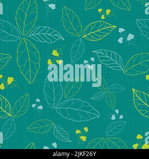 Vector deep sea green line art leaves floral check textured seamless pattern background with hand drawn elements Stock Vector
