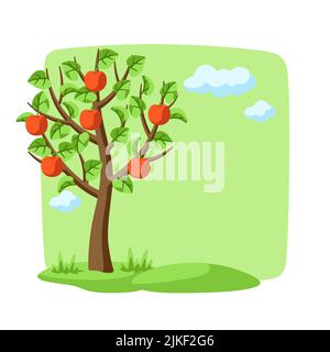 Summer tree with apples and leaves. Seasonal nature illustration. Stock Vector