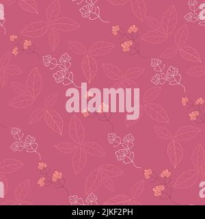 Vector hibiscus pink flowers with line art leaves elegant seamless pattern background with hand drawn elements Stock Vector