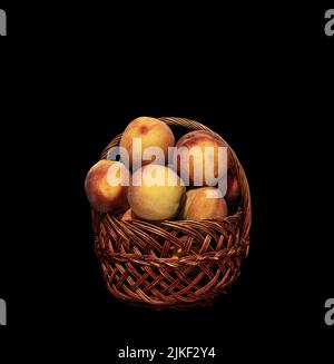 Image of ripe peaches in a basket on a black background Stock Photo