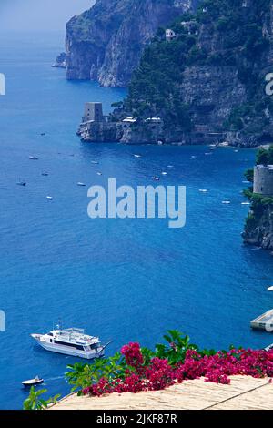 View from a small Hotel on the watch towers of Positano, Amalfi coast, Unesco World Heritage site, Campania, Italy, Mediterranean sea, Europe Stock Photo