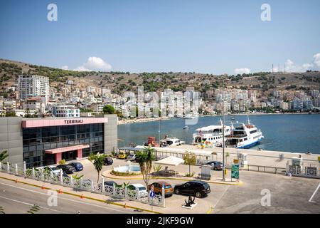 Sarande Albania - 08.09.2019: City port on a sunny day in the Albanian riviera. Stock Photo