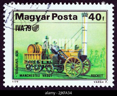 HUNGARY - CIRCA 1979: A stamp printed in Hungary shows Stephenson's Rocket, 1829, circa 1979. Stock Photo