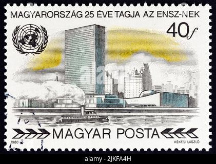 HUNGARY - CIRCA 1980: A stamp printed in Hungary shows United Nations Secretariat Building, New York, circa 1980. Stock Photo