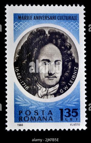 Romanian postage stamp (1966) : Gottfried Wilhelm Leibniz (1646-1716), German Philosopher Stock Photo