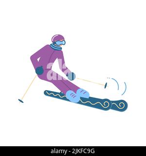 Cartoon skier in motion isolated on white background. Mountain skiing sportsman character with goggles and ski suit. Flat Art  Illustration. Stock Photo