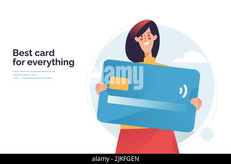 Vector illustration depicting a woman holding debit or credit payment card Stock Vector