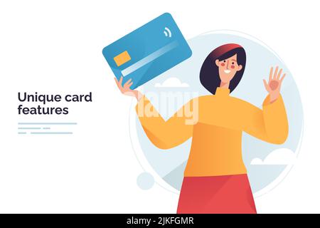 Vector illustration depicting a woman holding debit or credit payment card Stock Vector