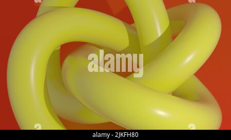 Knots and weaves of an abstract smooth shiny rope. Yellow rope on a red background. 3D render. Stock Photo
