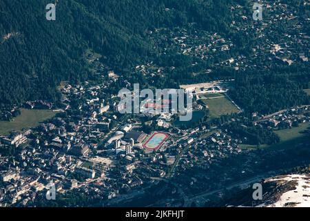 Chamonix aerial view from the Mont Blanc, Aiguille du Midi, France Stock Photo