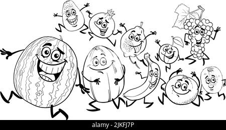 Black and white cartoon illustration of funny fruit comic characters group coloring page Stock Vector