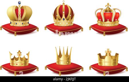 Heraldic royal crowns on cushions realistic set isolated vector illustration Stock Vector