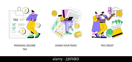 Years tax bill abstract concept vector illustration set. Personal income taxation and tax credit, online IRS form, bank account, budget planning calculator, bill payment abstract metaphor. Stock Vector