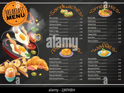 Breakfast menu on black chalkboard including omelettes sandwiches with vegetables pancakes waffles with chocolate, fruits vector illustration Stock Vector