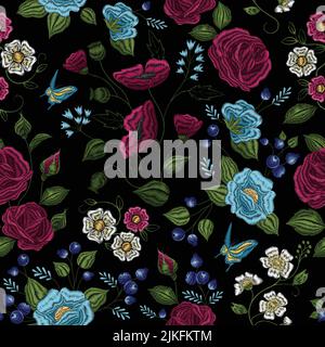 Traditional floral folk style embroidery seamless pattern design in purple green white blue on black background vector illustration Stock Vector