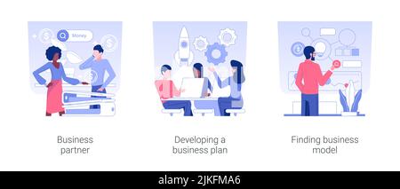 Raising money for startup isolated concept vector illustration set. Business partner, develop business plan, finding model and investment strategy, cooperation and collaboration vector cartoon. Stock Vector