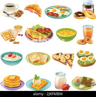 Breakfast brunch healthy start day options food realistic icons collection with coffee and fried eggs isolated vector illustration Stock Vector