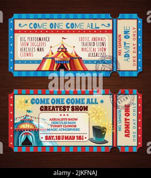 Travel circus retro entry tickets 2 banners set with with magic show striped tent isolated vector illustration Stock Vector