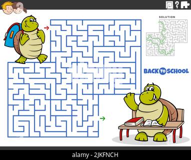 Cartoon illustration of educational maze puzzle game for children with turtle pupil going to school Stock Vector