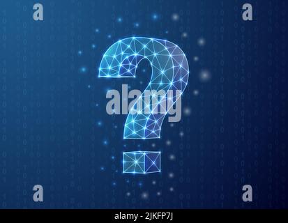 Question mark polygonal symbol with binary code background. Help support concept design illustration. Blue FAQ low poly symbol with connected dots Stock Vector