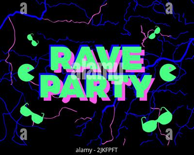 Rave psychedelic, acid trip. Rave party energy, text with energy lightning. Design for posters, banners and promotional products. Vector illustration Stock Vector