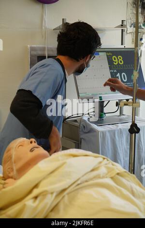 Anesthesiologist students during a critical situation resuscitation exercise at the Nimes Faculty of Medicine. Students train on a Sim Man 3 G robotic dummy. Stock Photo