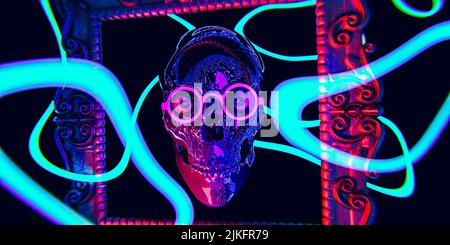 NFT Non-fungible token, crypto art concept with neon text. Sample type of cryptographic token which represents unique skull face in glasses - 3d rende Stock Photo