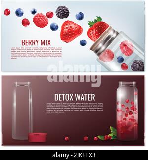 Detox beverages horizontal banners including transparent bottles with berries on light and dark background isolated vector illustration Stock Vector