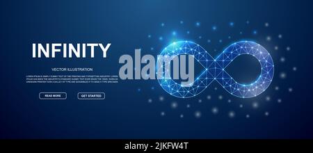 Infinity 3d low poly symbol with connected dots for blue landing page. Forever design illustration concept. Polygonal Endlessness illustration Stock Vector