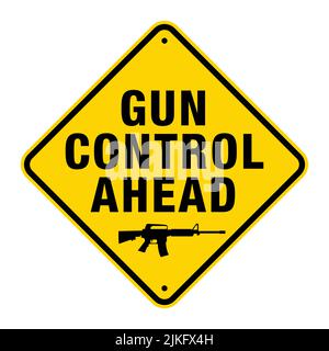 A yellow road sign with the words GUN CONTROL AHEAD and an assault rifle illustration. Stock Vector