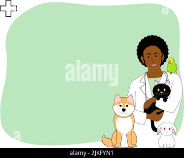 Template of the poster for Veterinary clinic: black veterinarian woman, a Shiba Inu, a tabby cat, bunny, and a java sparrow and icons. Stock Photo
