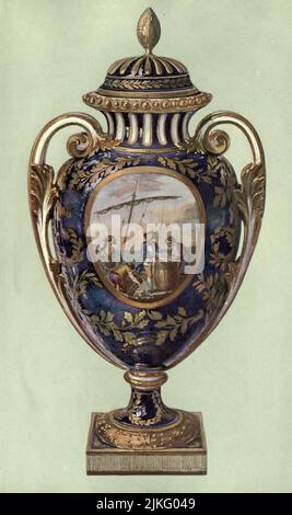 Vase, Sevres, given in 1780 by Gustavus III. of Sweden to Catherine II. of Russia. Decorated by Morin, Fontaine, and Le Guay on a bleu de roi ground. Height, l9.5 in. from ' A book of porcelain, fine examples in the Victoria and Albert museum ' by Bernard Rackham, and William Gibb,  Publication date 1910 Publisher London, A. & C. Black Stock Photo