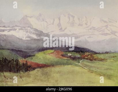 View of the Bernese Alps from the Gurten, near Bern Painted by A. D. McCormick from the book ' The Alps ' by Sir William Martin Conway,  Publication date 1904 Publisher London : Adam and Charles Black Arthur David McCormick FRGS (Coleraine 14 October 1860 – 1943) was a notable British illustrator and painter of landscapes, historical scenes, naval subjects, and genre scenes. Stock Photo